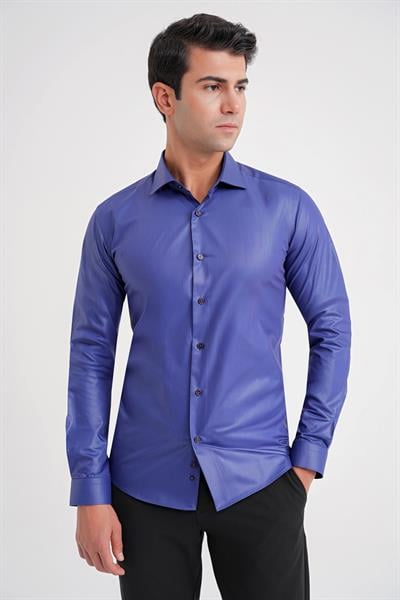 Gk 157 Slim Fit Pamuk Saten Uzun Kol Klasik Lacivert Gömlek 