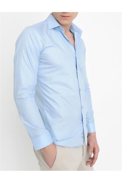 Gk 157 Slim Fit Pamuk Saten Uzun Kol Klasik Açık Mavi Gömlek 
