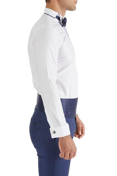 Gk 182 Slim Fit Duble Manşet Biyeli Beyaz Lacivert Damatlık Smokin Gömlek 