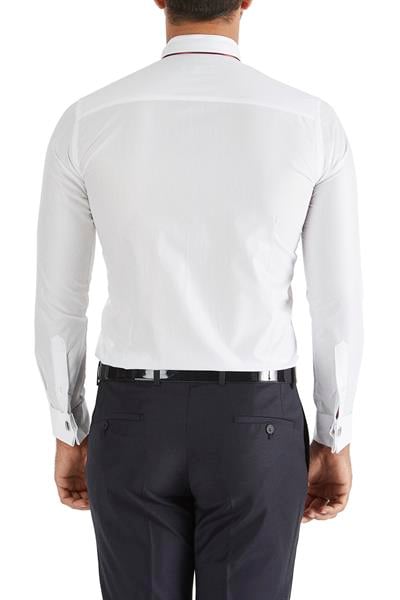 Gk 182 Slim Fit Duble Manşet Biyeli Beyaz Bordo Damatlık Smokin Gömlek 