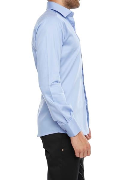 Gk 214 Slim Fit Klasik Yaka Pamuk Saten Uzun Kol Mavi Gömlek 