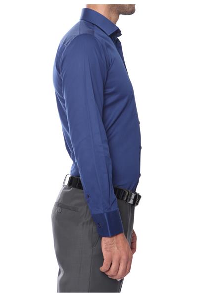 Gk 214 Slim Fit Klasik Yaka Pamuk Saten Uzun Kol Lacivert Gömlek 