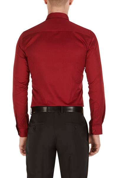 Gk 214 Slim Fit Klasik Yaka Pamuk Saten Uzun Kol Bordo Gömlek 