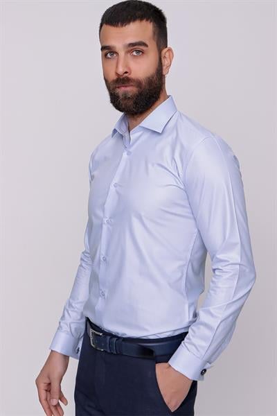 Gk 235 Slim Fit Pamuk Saten Duble Manşetli Klasik Açık Mavi Gömlek 
