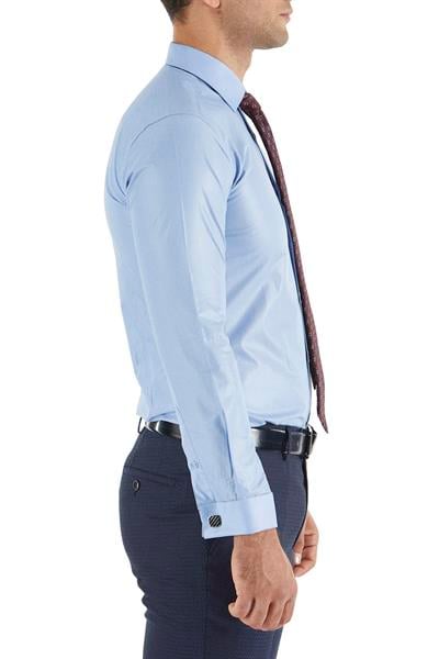 Gk 235 Slim Fit Pamuk Saten Duble Manşetli Klasik Mavi Gömlek 