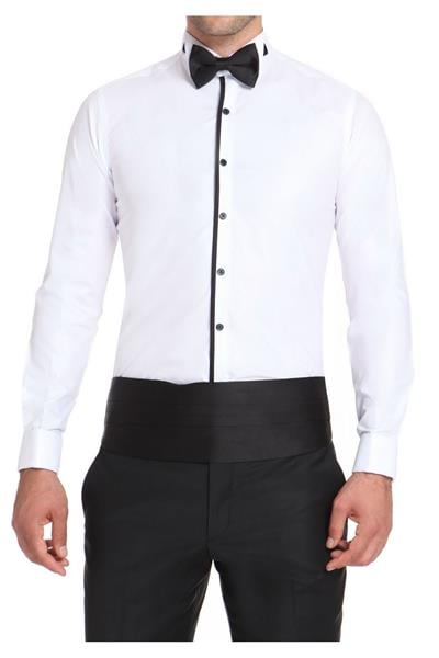 Gk 502 Slim Fit Duble Manşet Önü Biyeli Ata Yaka Beyaz Damatlık Smokin Gömlek 