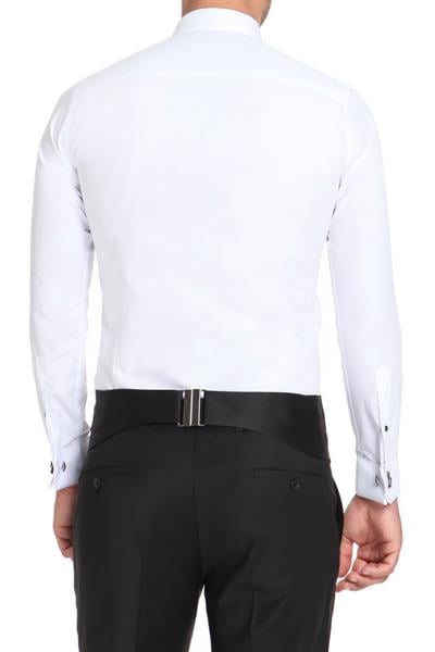 Gk 502 Slim Fit Duble Manşet Önü Biyeli Ata Yaka Beyaz Damatlık Smokin Gömlek 