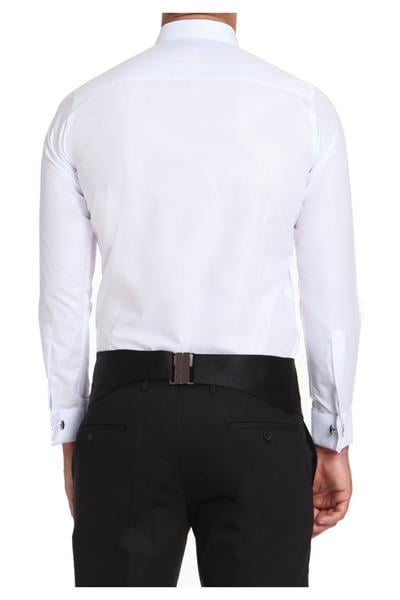 Gk 512 Slim Fit Duble Manşet Klasik Yaka Önü Piliseli Beyaz Damatlık Smokin Gömlek 