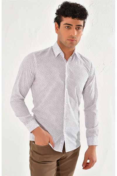 GK 590 Slim Fit Beyaz-Kahve Klasik Gömlek