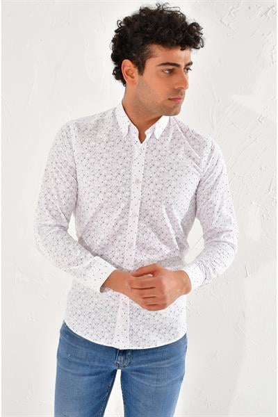 GK 593 Slim Fit Beyaz-Bordo Klasik Gömlek