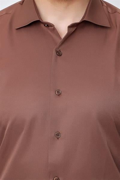 Gk 604 Slim Fit Pamuk Saten Klasik Açık Kahve Gömlek 