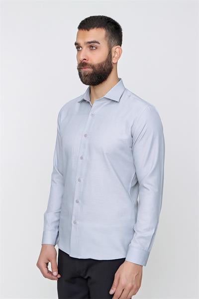 Gk 604 Slim Fit Pamuk Saten Klasik Gri Gömlek 