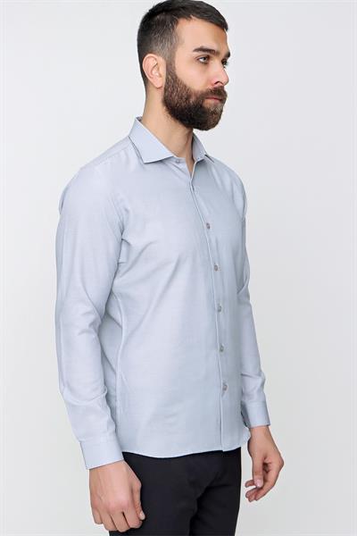 Gk 604 Slim Fit Pamuk Saten Klasik Gri Gömlek 