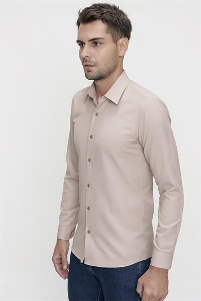 Gk 624 Slim Fit Pamuk Saten Klasik Bej Gömlek 