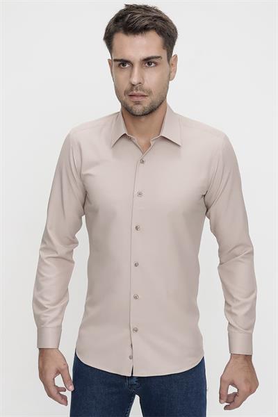 Gk 624 Slim Fit Pamuk Saten Klasik Bej Gömlek 