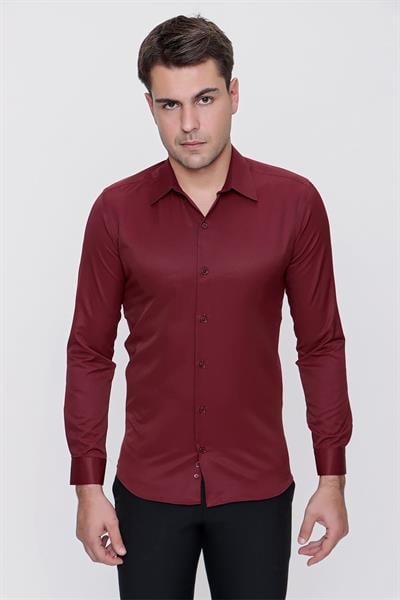 Gk 624 Slim Fit Pamuk Saten Klasik Bordo Gömlek 
