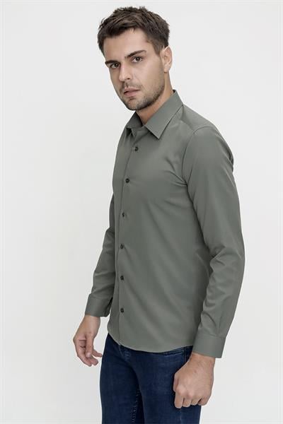 Gk 624 Slim Fit Pamuk Saten Klasik Haki Gömlek 