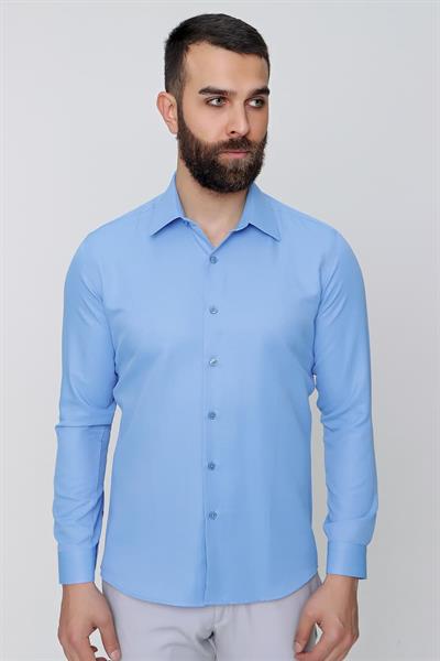Gk 624 Slim Fit Pamuk Saten Klasik Koyu Mavi Gömlek 