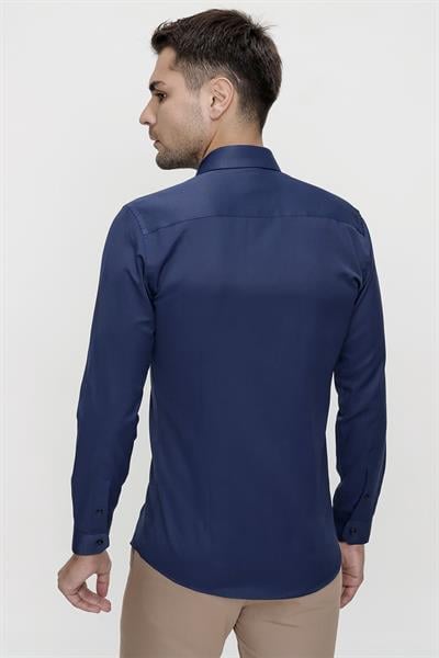 Gk 624 Slim Fit Pamuk Saten Klasik Lacivert Gömlek 