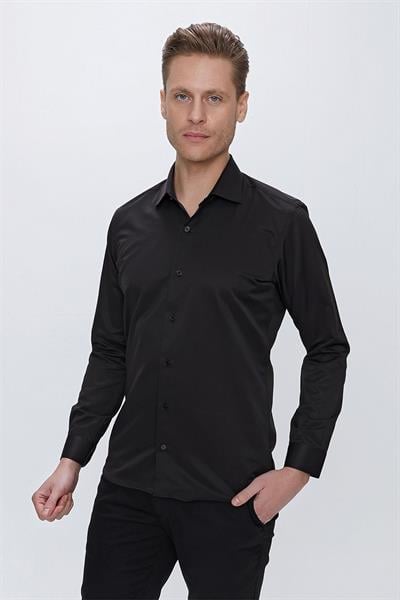 Gk 624 Slim Fit Pamuk Saten Klasik Siyah Gömlek 