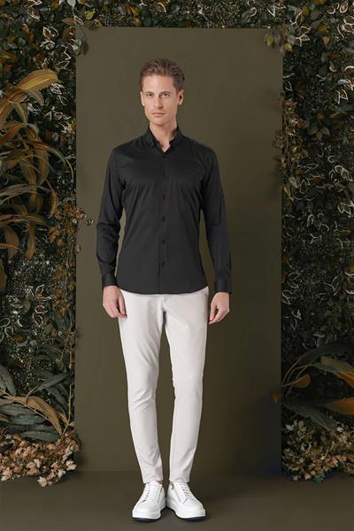 Gk 708 Slim Fit Düğmeli Yaka Esnek Pamuk Klasik Siyah Gömlek
