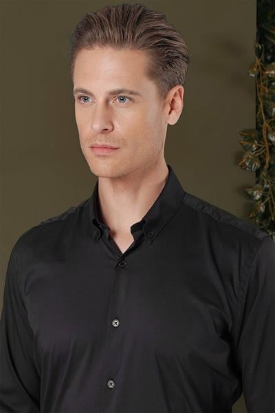 Gk 708 Slim Fit Düğmeli Yaka Esnek Pamuk Klasik Siyah Gömlek