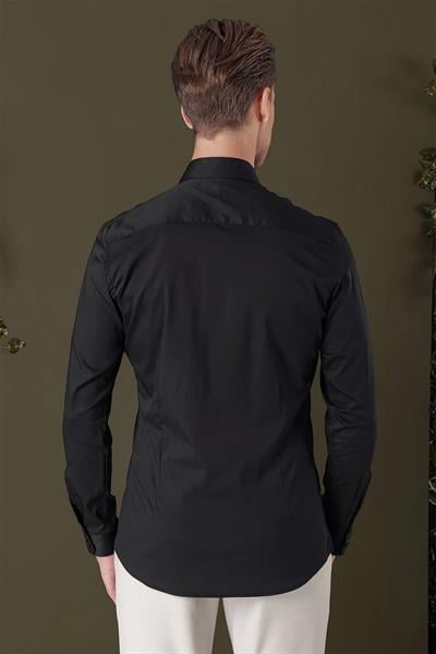 Gk 708 Slim Fit Düğmeli Yaka Esnek Pamuk Klasik Siyah Gömlek