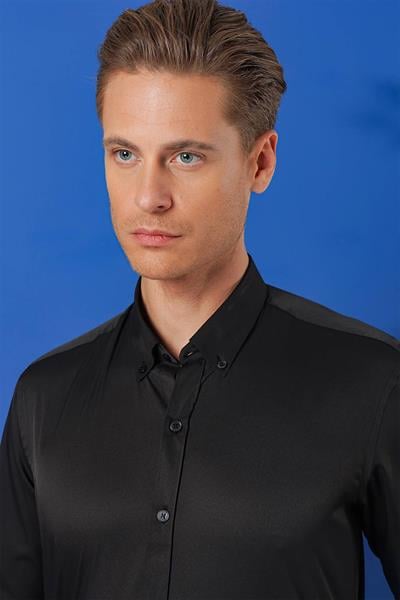 Gk 714 Slim Fit Düğmeli Yaka Pamuklu Klasik Siyah Gömlek
