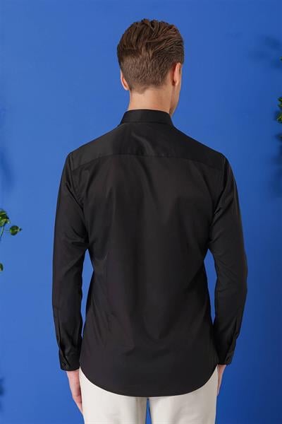Gk 714 Slim Fit Düğmeli Yaka Pamuklu Klasik Siyah Gömlek