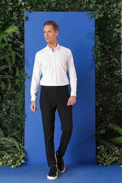 Gk 714 Slim Fit Düğmeli Yaka Pamuklu Klasik Beyaz Gömlek