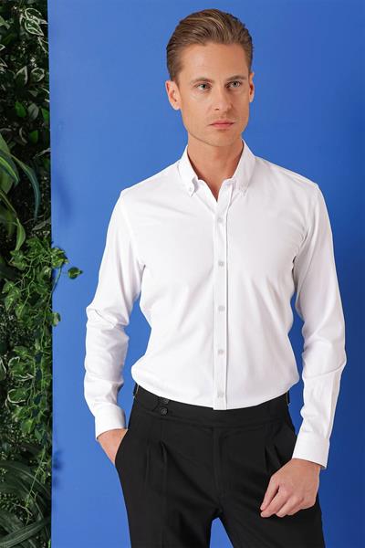 Gk 714 Slim Fit Düğmeli Yaka Pamuklu Klasik Beyaz Gömlek