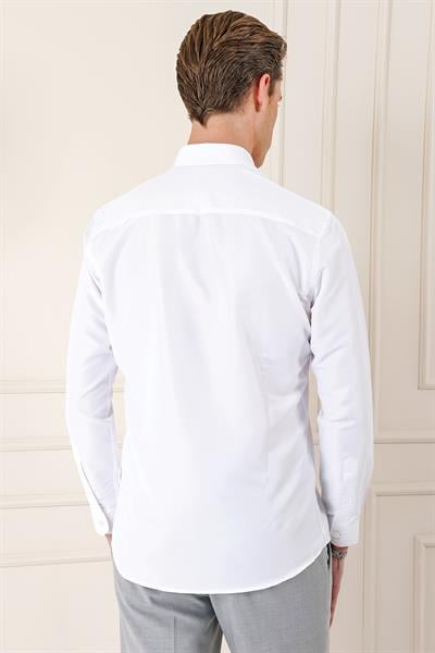 Gk 715 Slim Fit Düğmeli Yaka Pamuklu Klasik Beyaz Gömlek