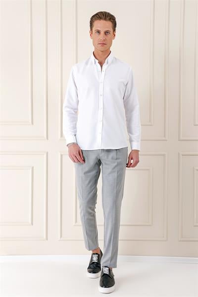 Gk 715 Slim Fit Düğmeli Yaka Pamuklu Klasik Beyaz Gömlek