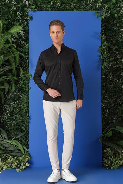 Gk 716 Slim Fit Düğmeli Yaka Uzun Kol Pamuklu Klasik Siyah Gömlek