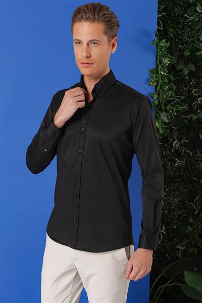 Gk 716 Slim Fit Düğmeli Yaka Uzun Kol Pamuklu Klasik Siyah Gömlek