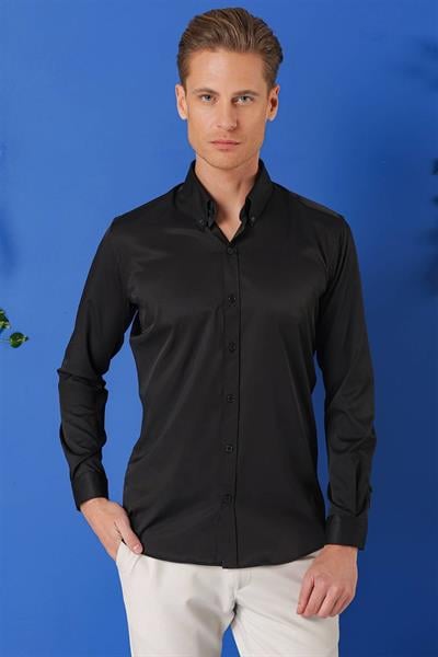 Gk 716 Slim Fit Düğmeli Yaka Uzun Kol Pamuklu Klasik Siyah Gömlek
