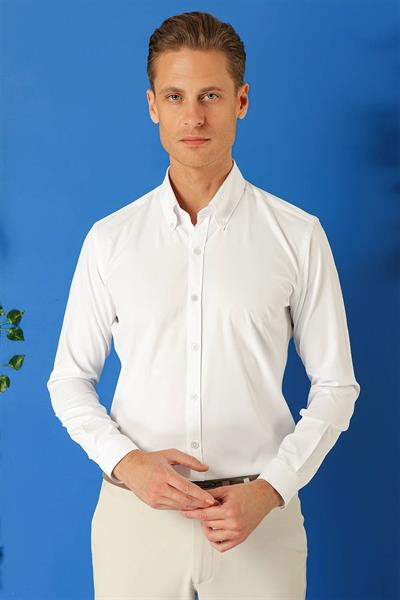 Gk 716 Slim Fit Düğmeli Yaka Uzun Kol Pamuklu Klasik Beyaz Gömlek