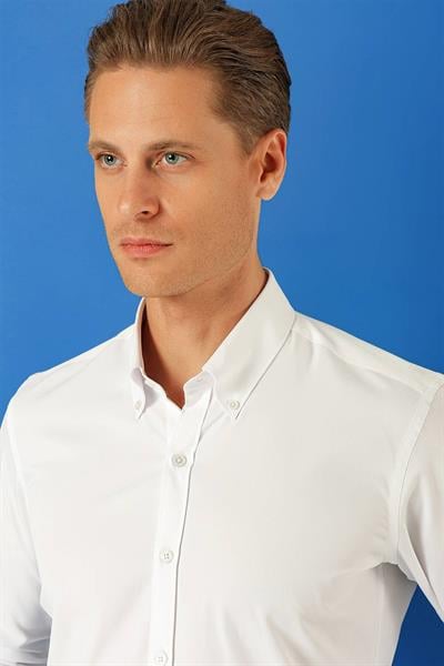 Gk 716 Slim Fit Düğmeli Yaka Uzun Kol Pamuklu Klasik Beyaz Gömlek