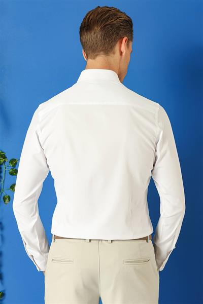 Gk 716 Slim Fit Düğmeli Yaka Uzun Kol Pamuklu Klasik Beyaz Gömlek