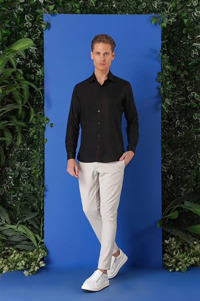Gk 719 Slim Fit Dokulu Pamuklu Klasik Siyah Gömlek