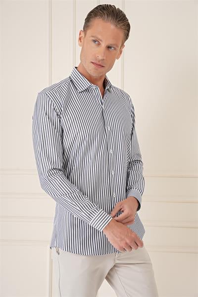 Gk 721 Slim Fit Dikine Çizgili %100 Pamuk Klasik Lacivert Beyaz Gömlek