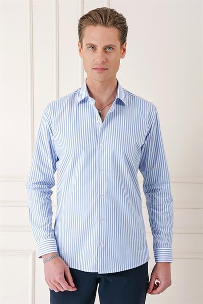 Gk 721 Slim Fit Dikine Çizgili %100 Pamuk Klasik Mavi Beyaz Gömlek