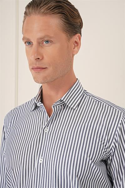 Gk 721 Slim Fit Dikine Çizgili %100 Pamuk Klasik Lacivert Beyaz Gömlek