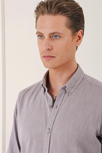 Gk 723 Slim Fit Düğmeli Yaka %100 Pamuk Klasik Vizon Gömlek