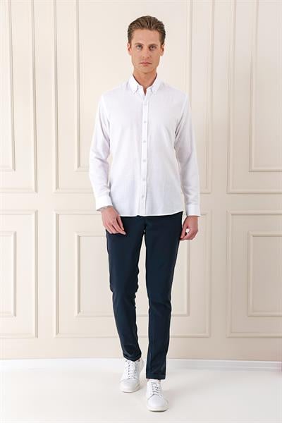 Gk 723 Slim Fit Düğmeli Yaka %100 Pamuk Klasik Beyaz Gömlek
