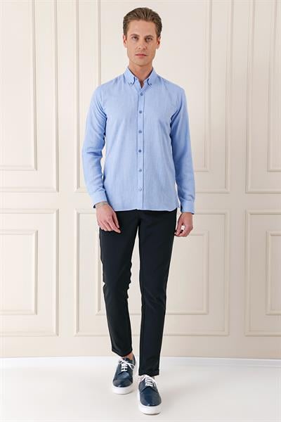 Gk 723 Slim Fit Düğmeli Yaka %100 Pamuk Klasik Mavi Gömlek