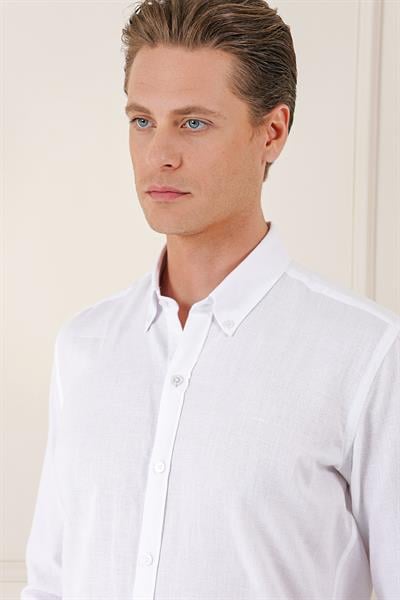 Gk 723 Slim Fit Düğmeli Yaka %100 Pamuk Klasik Beyaz Gömlek