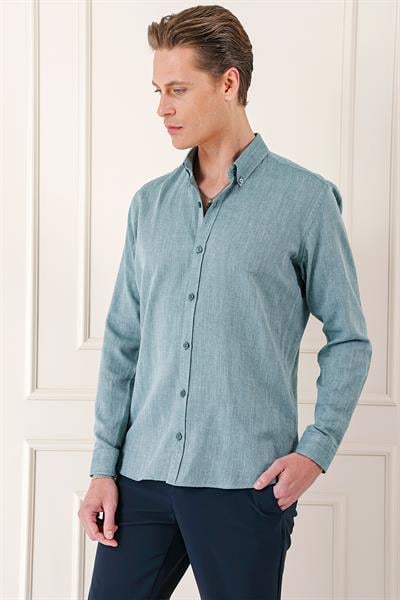 Gk 723 Slim Fit Düğmeli Yaka %100 Pamuk Klasik Yeşil Gömlek