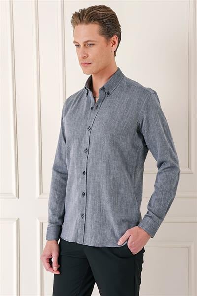 Gk 723 Slim Fit Düğmeli Yaka %100 Pamuk Klasik Siyah Gömlek