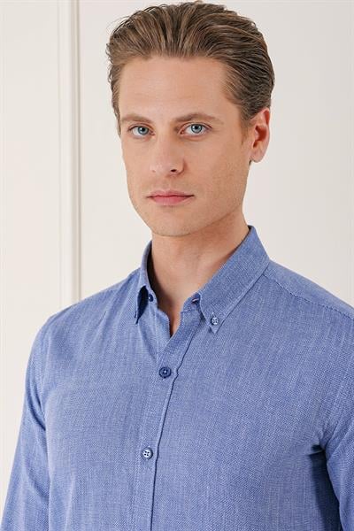 Gk 723 Slim Fit Düğmeli Yaka %100 Pamuk Klasik Koyu Mavi Gömlek